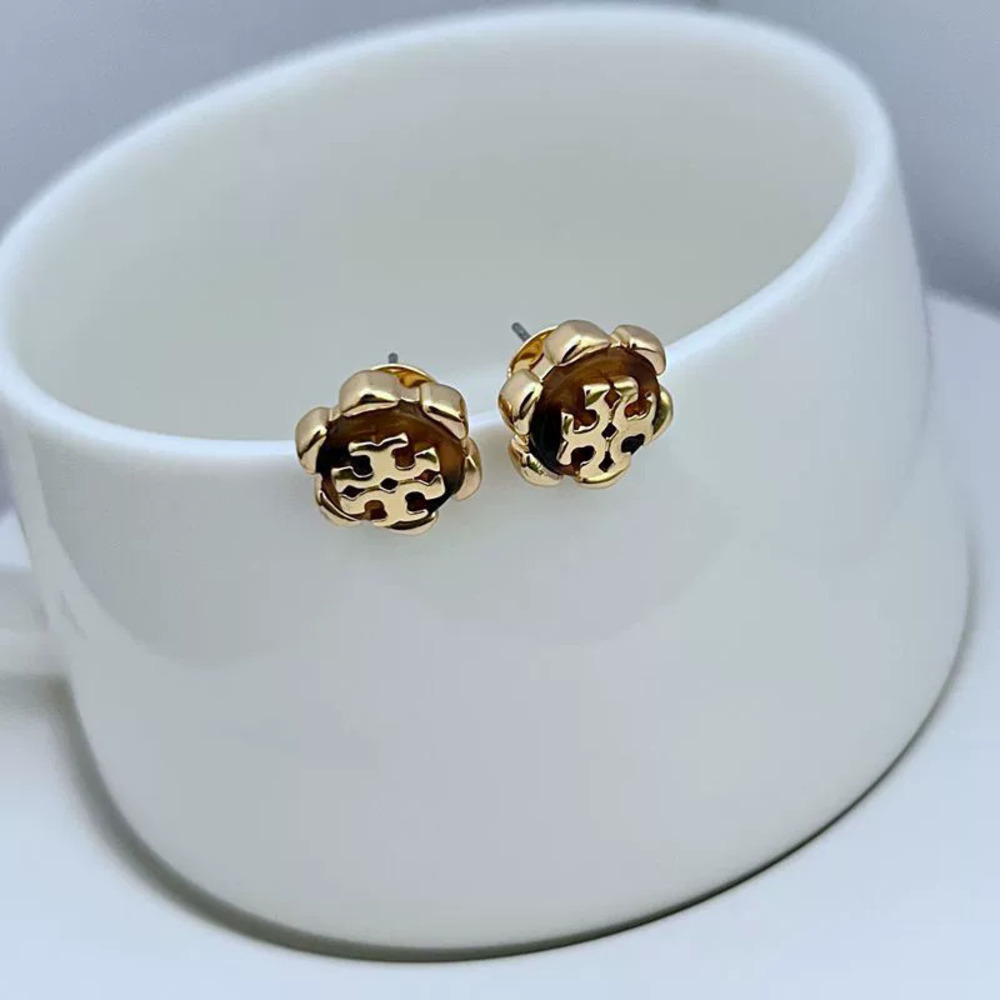 Tory Burch Embossed Resin Letter Metal Stud Earrings